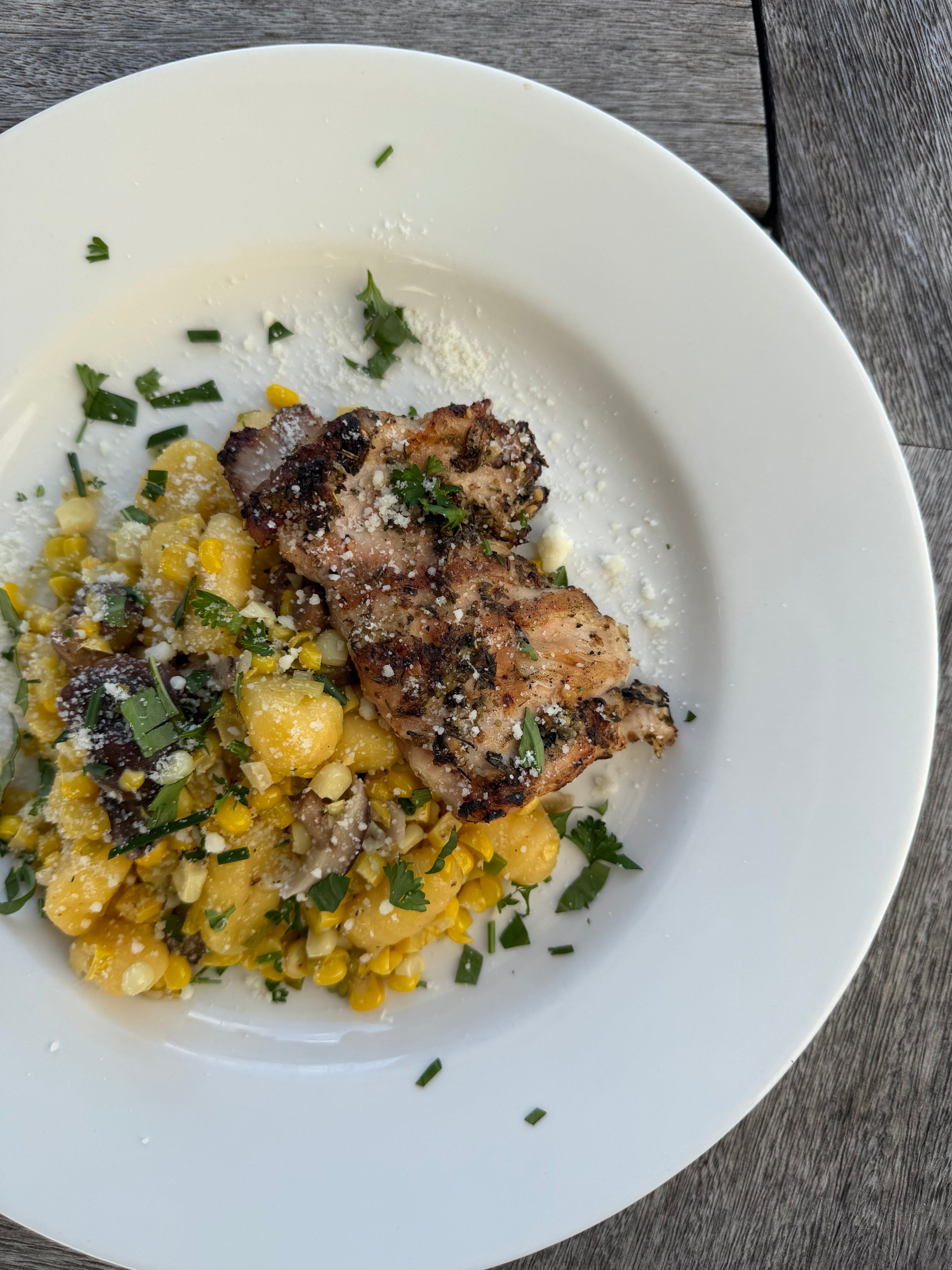 Grilled Mediterranean Chicken with Gnocchi, Mushrooms & Sweet Corn
