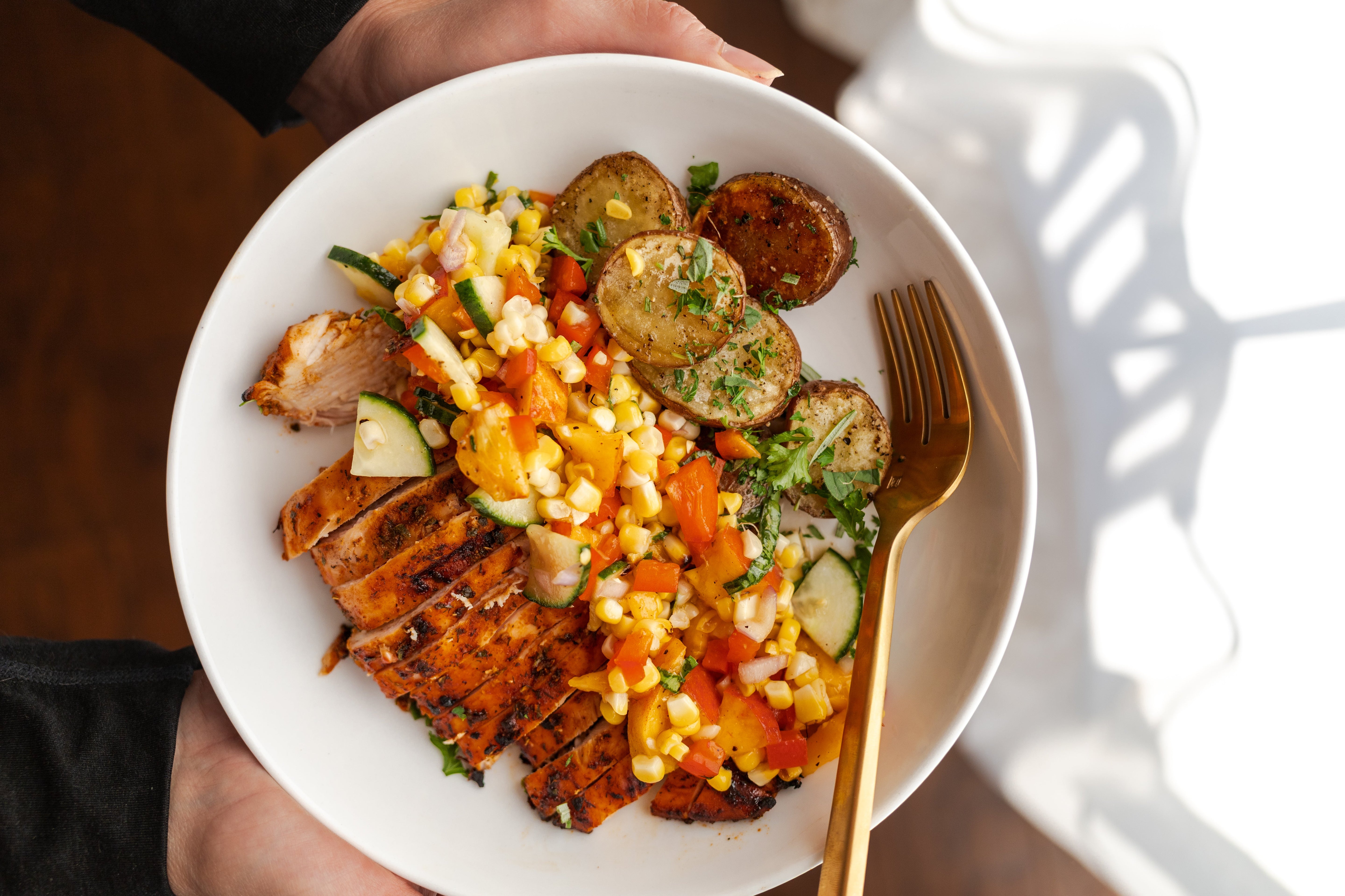 BBQ Ranch Grilled Chicken with Corn-Peach Relish & Herb Potatoes