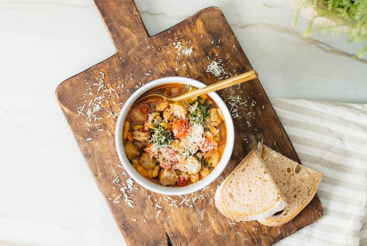 Smoky Braised White Beans, Greens & Sausage